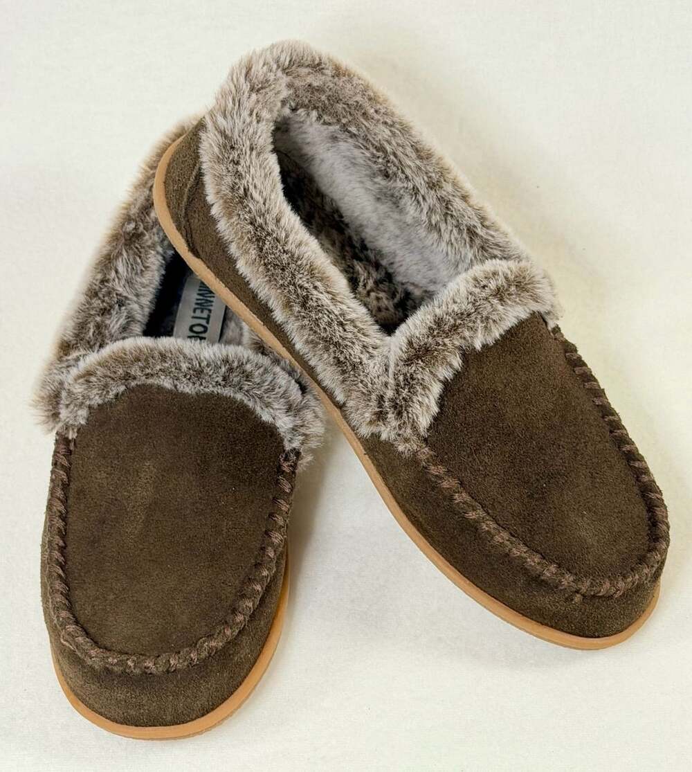Minnetonka Leather Faux Fur Lined Slip-On Shoes Brown Women’s 9M